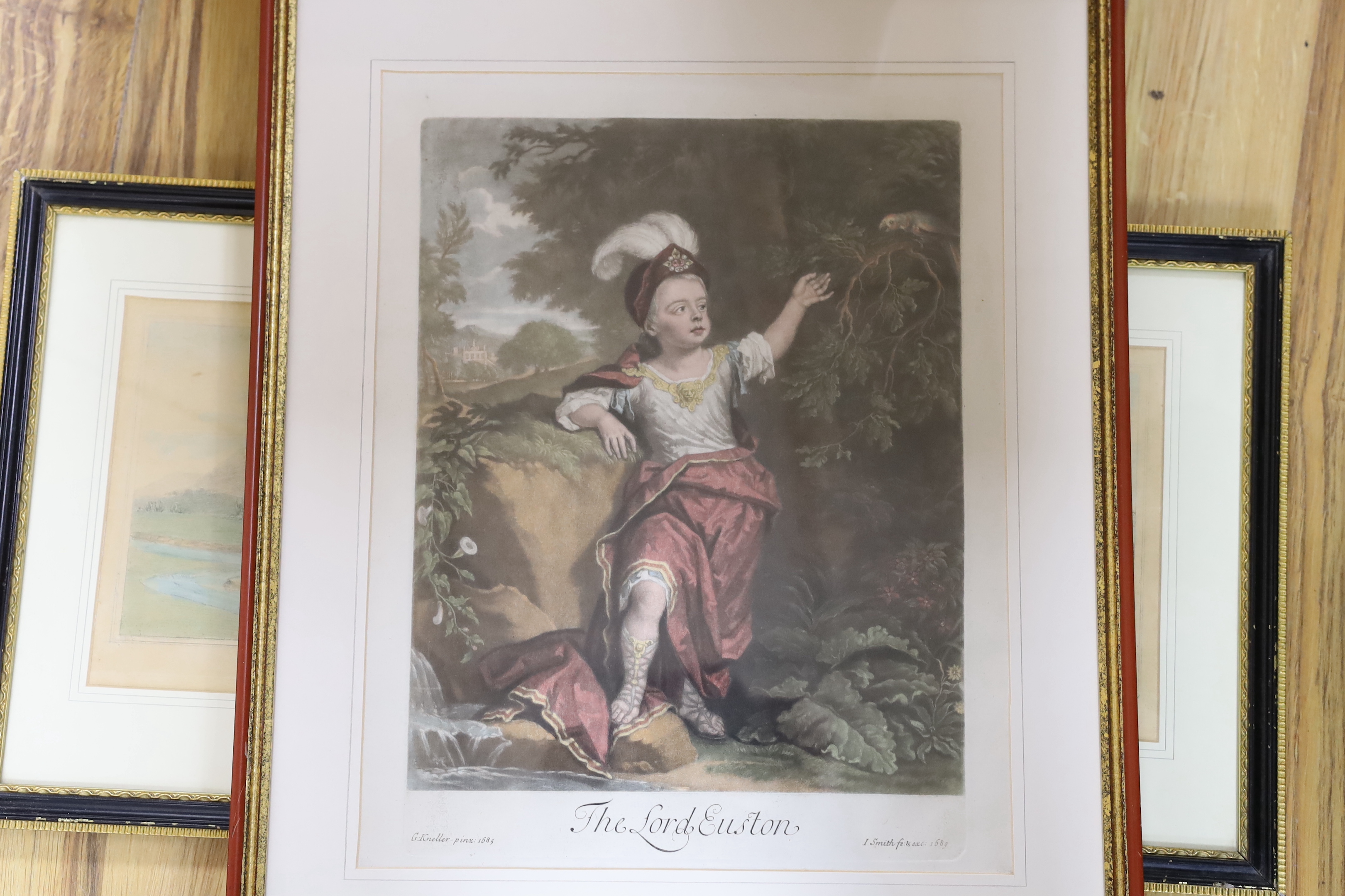 A collection of 19th century engravings / prints including one after Godfrey Kneller, The Lord Euston, Panoramic view of Abergavenny, publ. 1811 and a pair after Thomas Rowlandson including a pair of satyrical coloured e